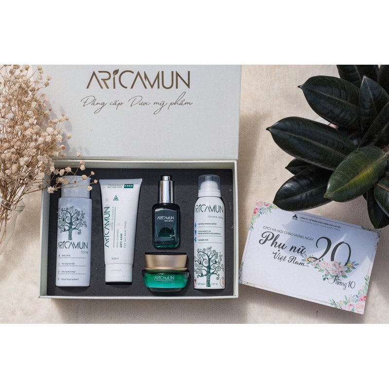 Bộ sản phẩm chăm sóc da toàn diện Aricamun (5 món) - Sữa rửa mặt, nước hoa hồng, serum, kem dưỡng, xịt khoáng [arica]