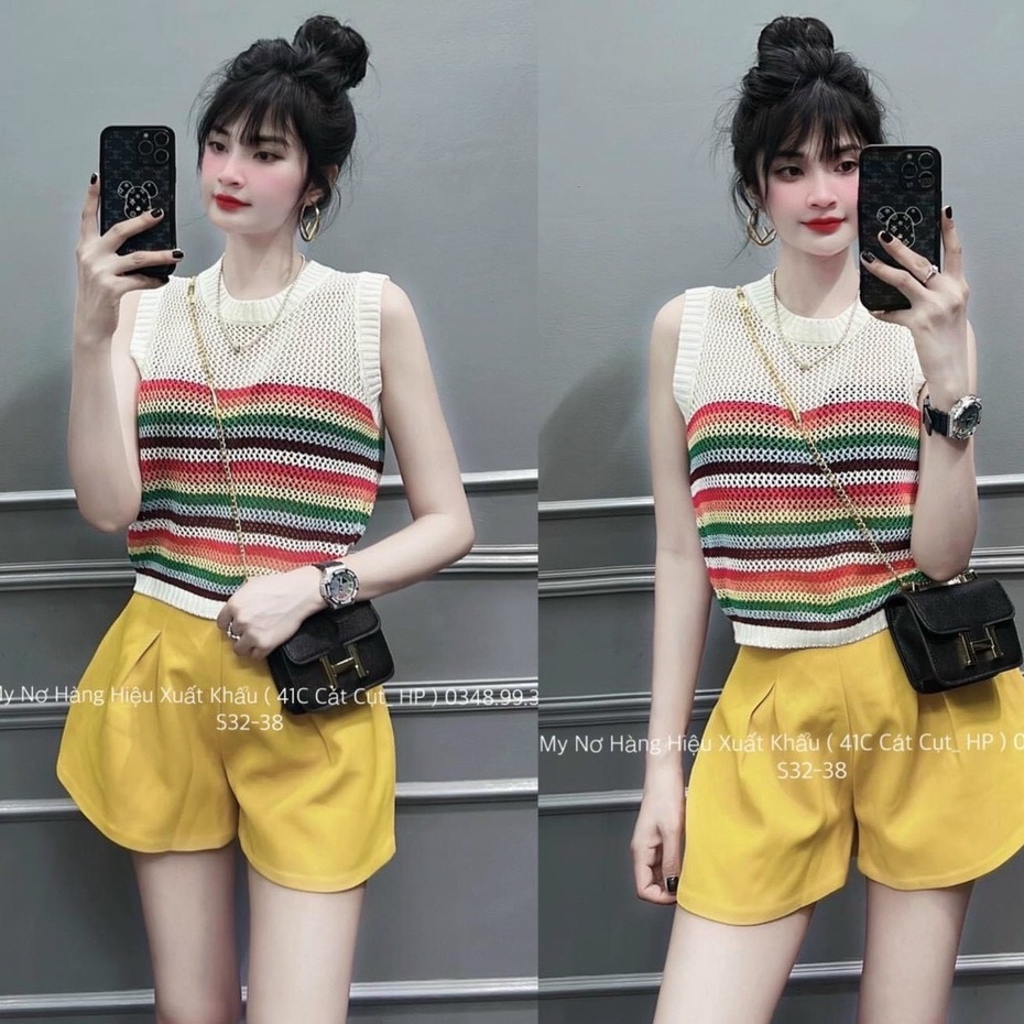 ÁO BA LỖ, ÁO SÁT NÁCH LƯỚI PHỐI KẺ SẮC CẦU VỒNG, CỔ TRÒN DÁNG NGẮN CHẤT LEN DỆT KIM TRẺ TRUNG CÁ TÍNH CHO NỮ