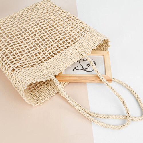 Giỏ cói Tote vuông đeo vai - đan lưới caro thưa - phong cách Vintage