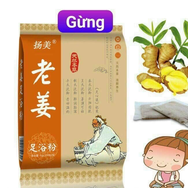 Hộp 100 gói ngâm chân thải độc gừng già, đương quy, cỏ ích mẫu, ngải cứu, hoa nghệ tây