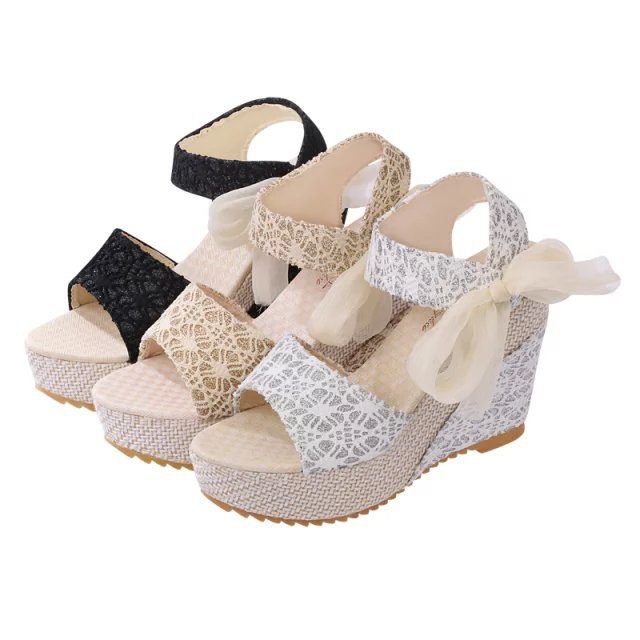 Giày sandal đế xuồng hở mũi phong cách Hàn quốc🎀Giày cao gót đế dày đính nơ xinh xắn thời trang