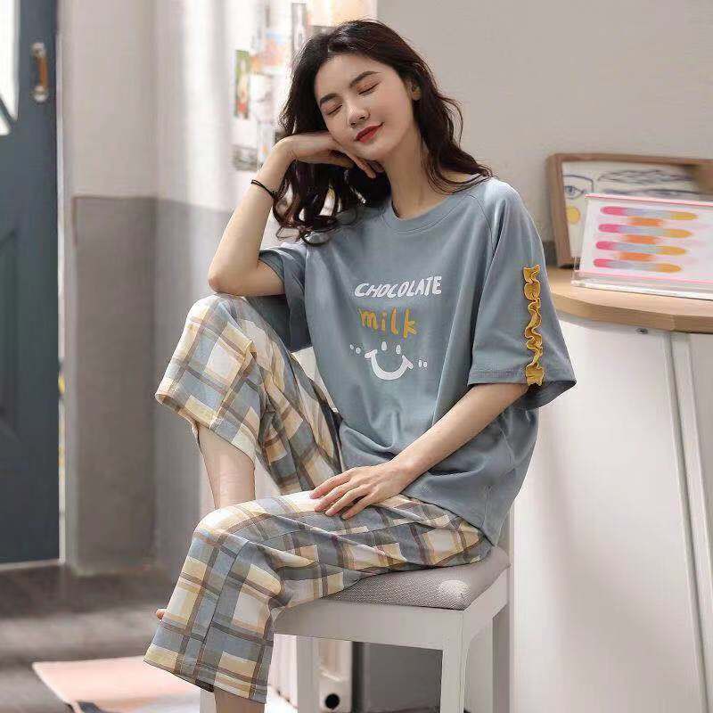 ▫✤Bộ đồ ngủ cotton tinh khiết dành cho phụ nữ mùa hè quần cắt ngắn, áo chui đầu mỏng, phục vụ ở nhà xuân-thu-hè