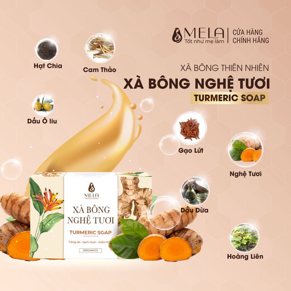 Xà Bông Nghệ Tươi Turmeric Soap Mela [Mua 2 Tặng 1 Túi Tạo Bọt] | BigBuy360 - bigbuy360.vn