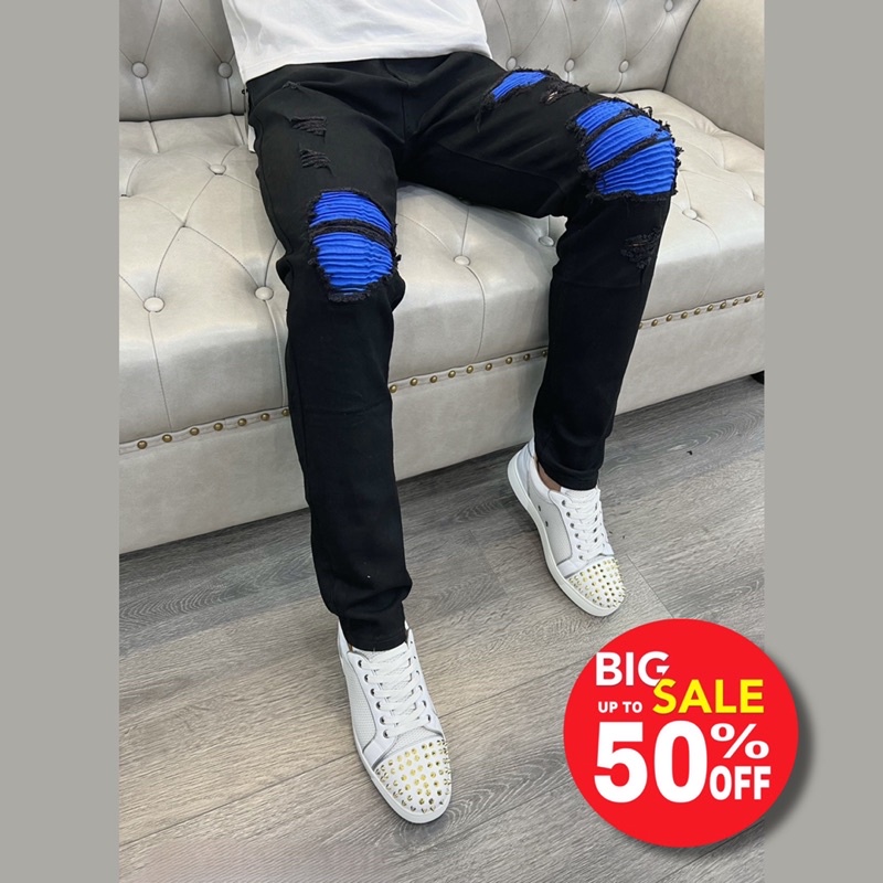 Quần jean vá nhăn xanh đầu gối,quần bò rách gối amiri vá nhăn xanh
