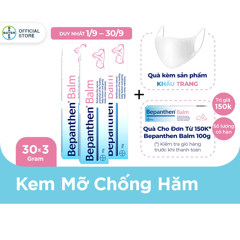 [Nhập COSBE91] Combo 3 kem chống hăm Bepanthen Balm dạng kem mỡ 30g/tuýp - Tặng 4 khẩu trang vải