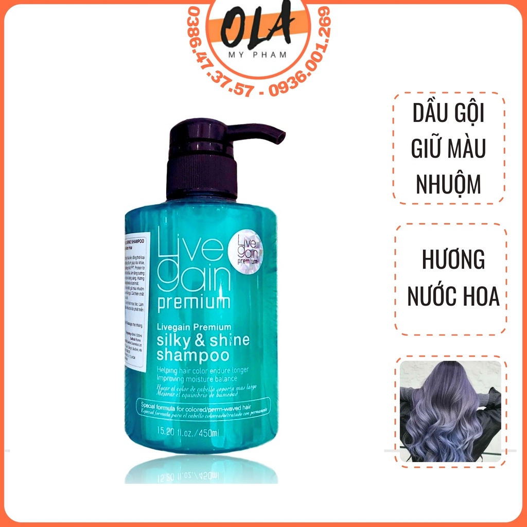 Dầu gội giữ màu nước hoa Livegain Premium Silky &amp; Shine Shampoo 450ml Hàn Quốc - mỹ phẩm ola