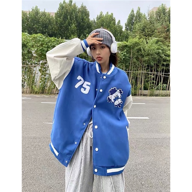 Áo Khoác Bomber XANH Thêu Form Rộng Style Ulzzang - Khoác Bóng Chày Unisex Nam Nữ