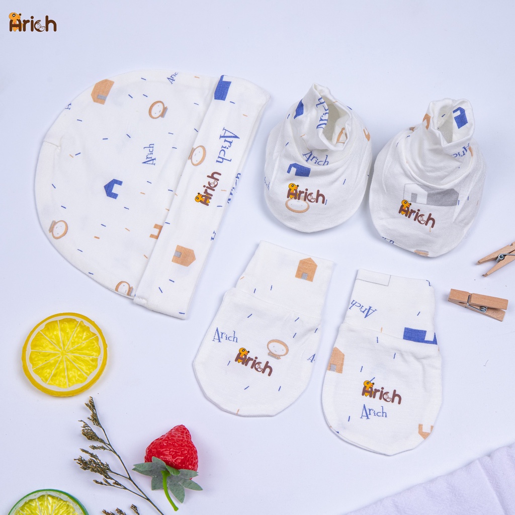 Set mũ bao tay bao chân Arich cho bé hình họa tiết xinh xắn