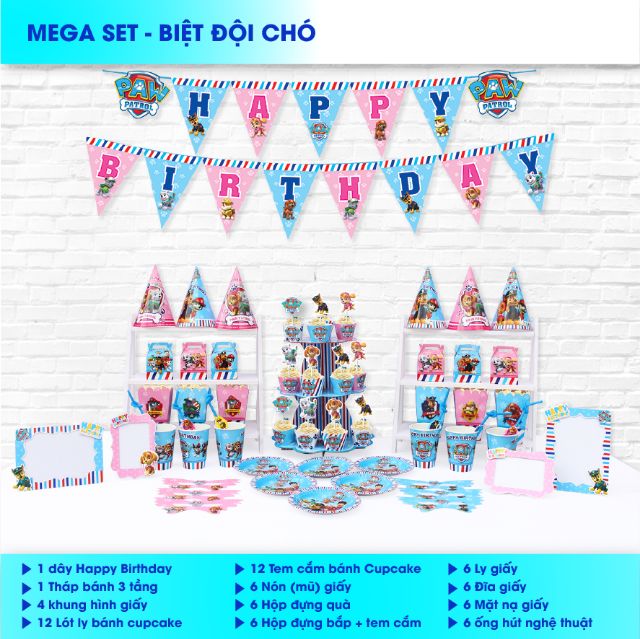 Set giấy mega trang trí sinh nhật gà,  mickey, poketmon, biệt đội chó, nemo,  hoàng tử, gà vàng, dê,  khỉ