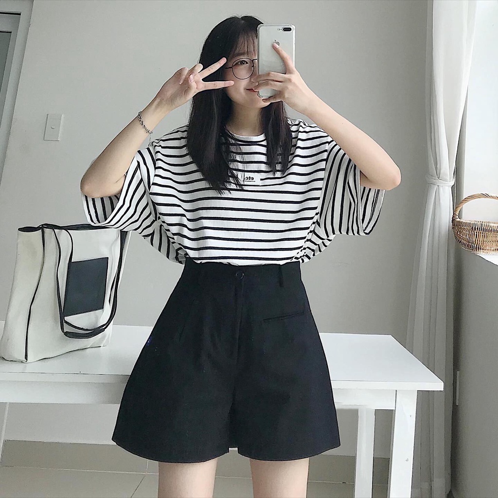 Áo Thun Nữ From Rộng BASEUS Kẻ Sọc Dễ Thương Áo Phông Nữ Tay Ngắn Chất Vải Thô Hàn Thấm Hút Mồ Hôi Mặc Siêu Tôn Da 10112