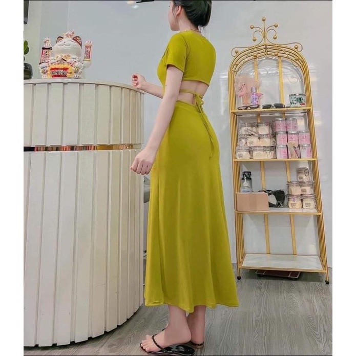 Đầm Body dáng dài maxi tay ngắn khoét lưng buộc dây thời trang bao tôn dáng xinh xắn
