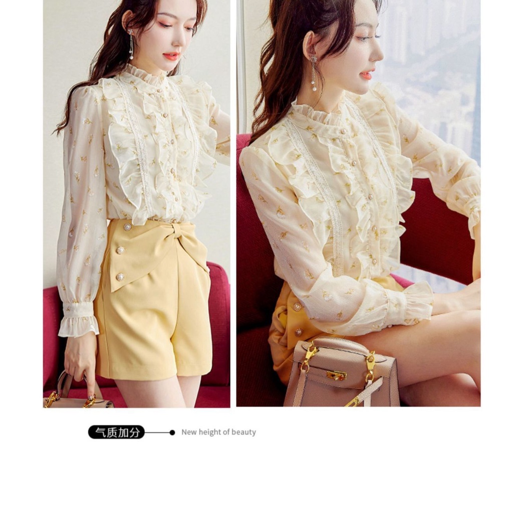 Áo Sơ Mi chiffon Tay Dài Cổ Đứng Phối Bèo Form Rộng In Họa Tiết Phong Cách Pháp Thời Trang Mùa Xuân Cho Nữ