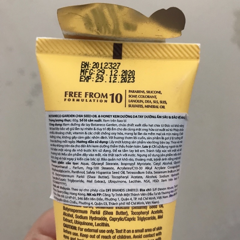 Kem Dưỡng Da Tay Botaneco Garden Chia Seed Oil & Honey Hand Cream Deep Moist & Protect Dưỡng Ẩm Sâu & Bảo Vệ 60g