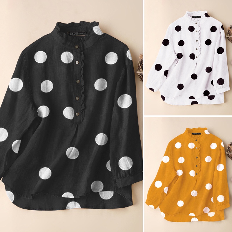 Zanzea Áo Tay Dài Cổ Đứng Nhún Bèo Họa Tiết Chấm Bi Dành Cho Nữ