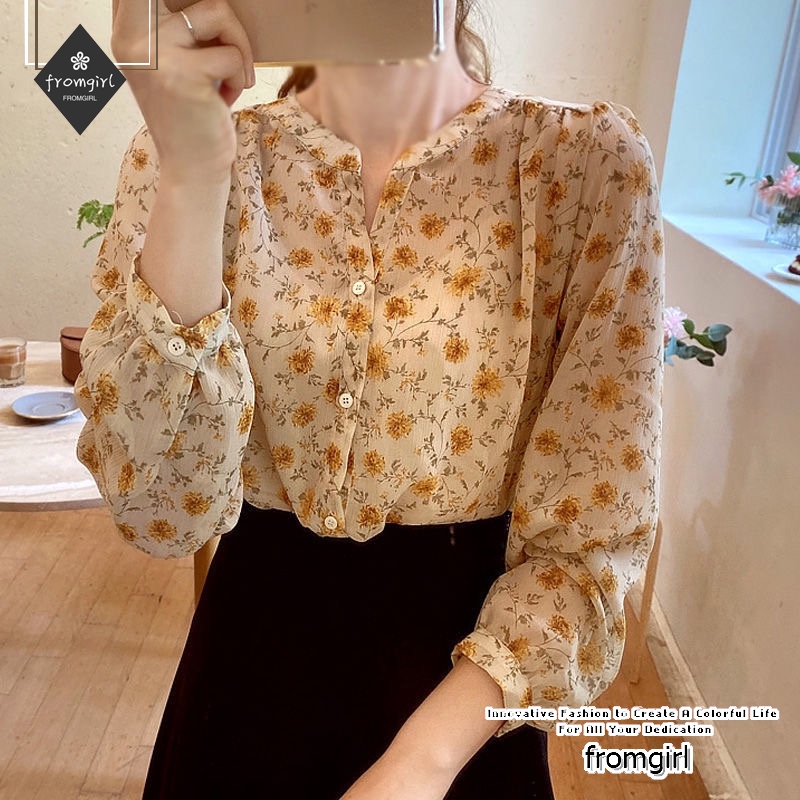Áo sơ mi chiffon tay dài cổ chữ V in họa tiết hoa thời trang mùa xuân cho nữ