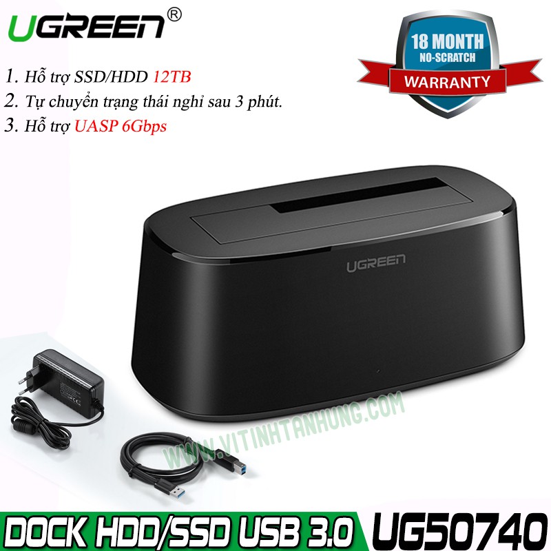 Docking Ổ Cứng HDD/SSD SATA 2.5/3.5&quot; 12TB,USB 3.0 Hỗ trợ UASP 6Gbps Ugreen 50740 CM197