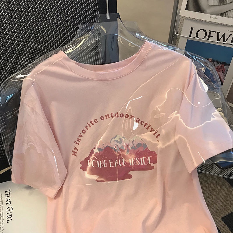 Áo Thun Nữ Ngắn Tay Cổ Tròn In Chữ Màu Hồng