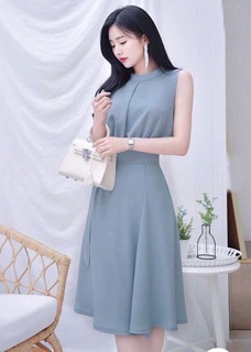 Đầm xám xanh thắt eo (kèm hình thật)