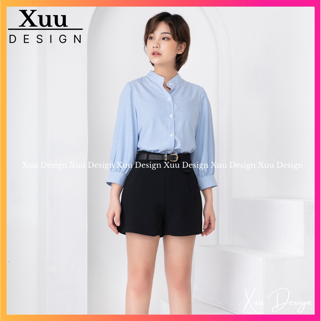 Áo Sơ Mi Nữ kẻ xanh tay bồng cổ tàu Xuu Design 💖 - Ảnh Thật💖 Sơ mi kiểu [ SMK11 kẻ xanh]