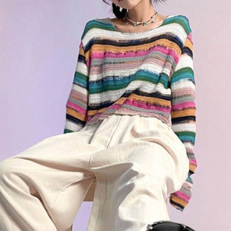 Áo Croptop Tay Dài Phối Vải Lưới Họa Tiết Kẻ Sọc Thời Trang Cho Nữ