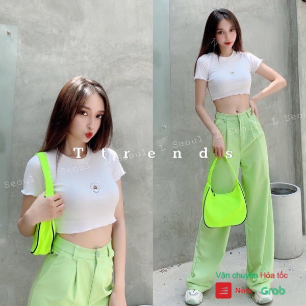 Áo croptop thun thêu hoa cúc body 4 màu xinh xắn AT23