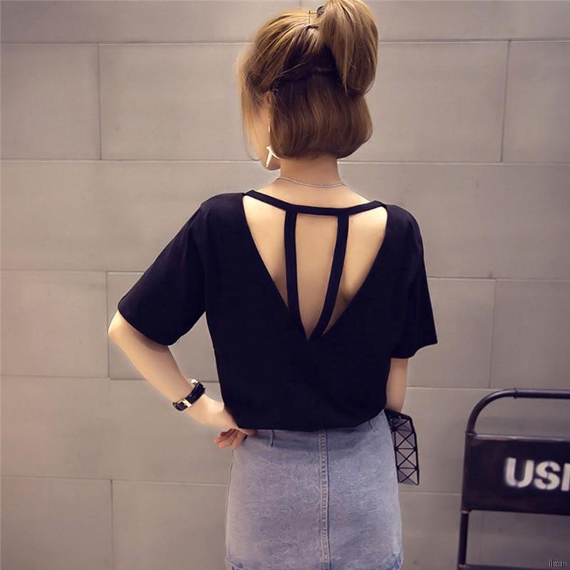 Áo thun nữ ngắn tay màu trơn hở lưng cá tính cho nữ
