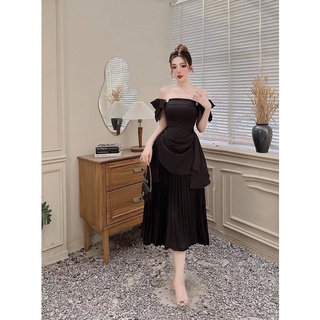 Váy lụa trễ vai dập ly