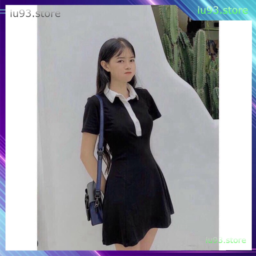 -  Đầm Polo Nữ Đen Xòe Dáng Ôm 💎 Váy Polo Nữ Cổ Phối Trắng Chất Borip Dáng Chữ A Ngắn Body 💎 - iu93.sto
