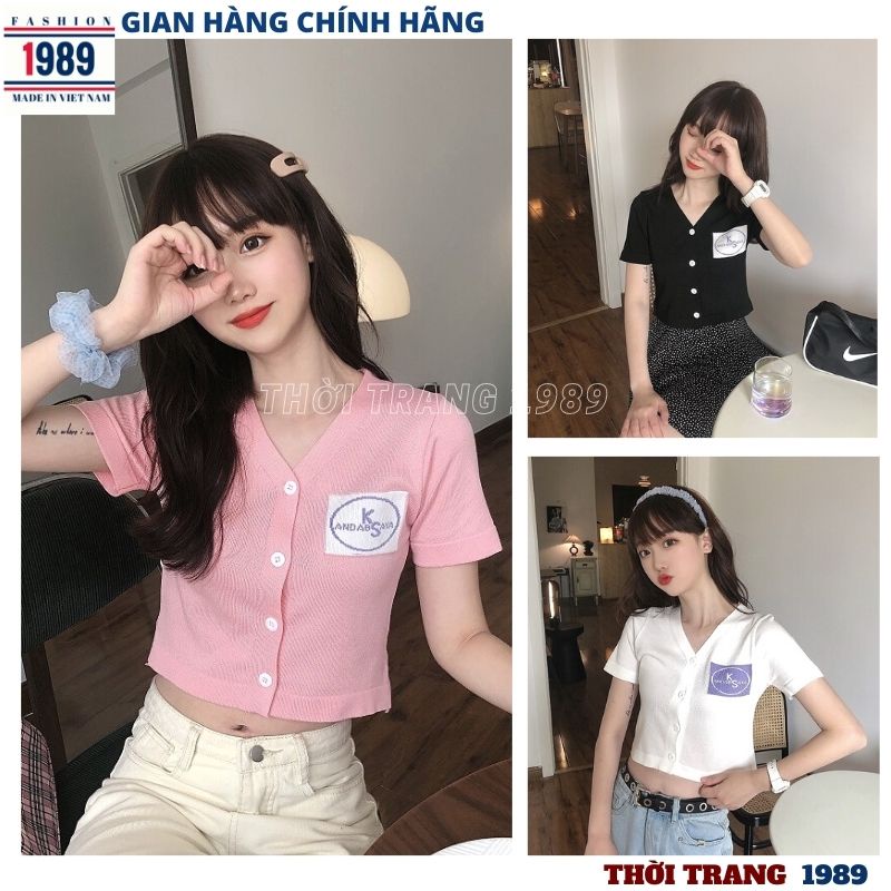 Áo thun croptop nữ tay cộc cổ v có LOGO 6 mầu chất cottong mềm mịn kiểu dáng hàn quốc -PHƯƠNG VŨ 1989 | BigBuy360 - bigbuy360.vn