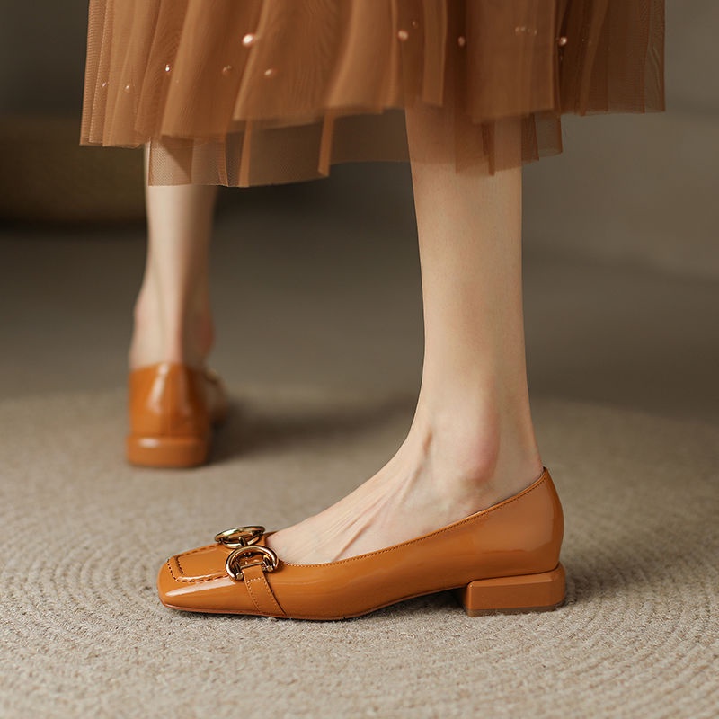 Siêu Đẹp ~ Da Cừu Mềm!Giày Búp Bê Đế Mềm Thấp Mũi Vuông Màu Bí Ngô Phong Cách Mới 2022 Cho Nữ