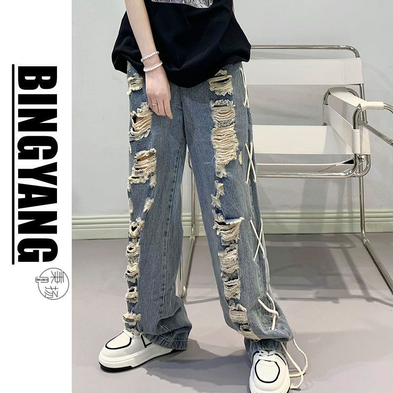 Quần Jean Ống Rộng Dáng Suông Cột Dây Phối Tua Rua Phong Cách Retro Hợp Thời Trang Cho Nam Và Nữ