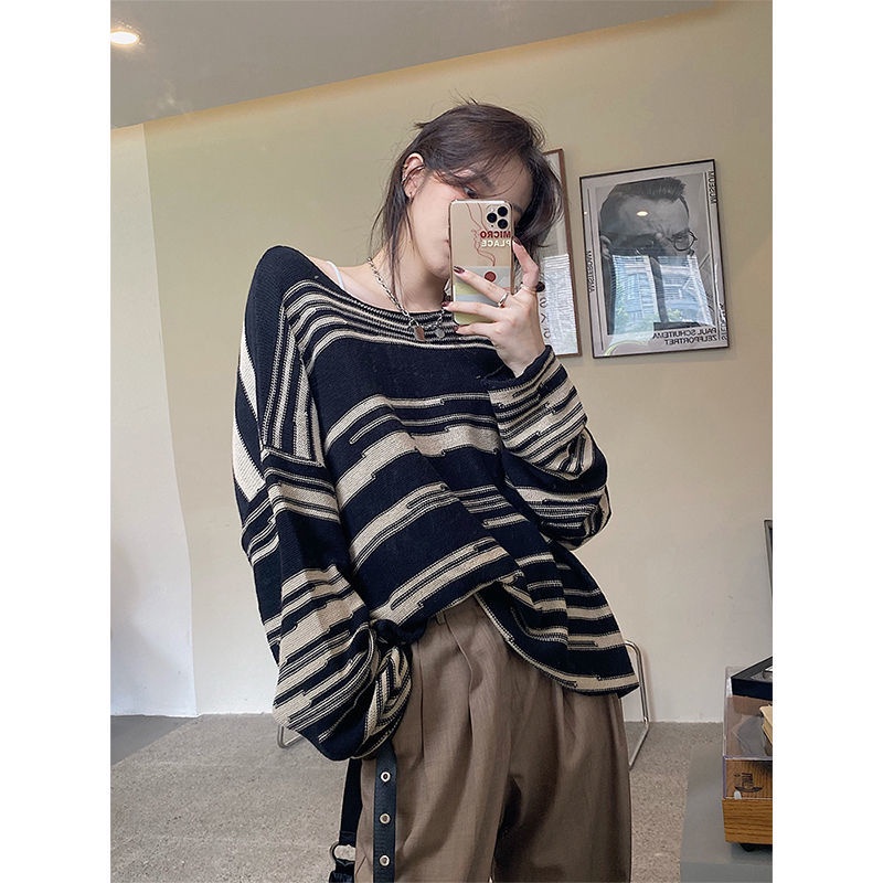 Áo Sweater Dệt Kim Dáng Rộng Kẻ Sọc Thời Trang Mùa Xuân Cho Nữ