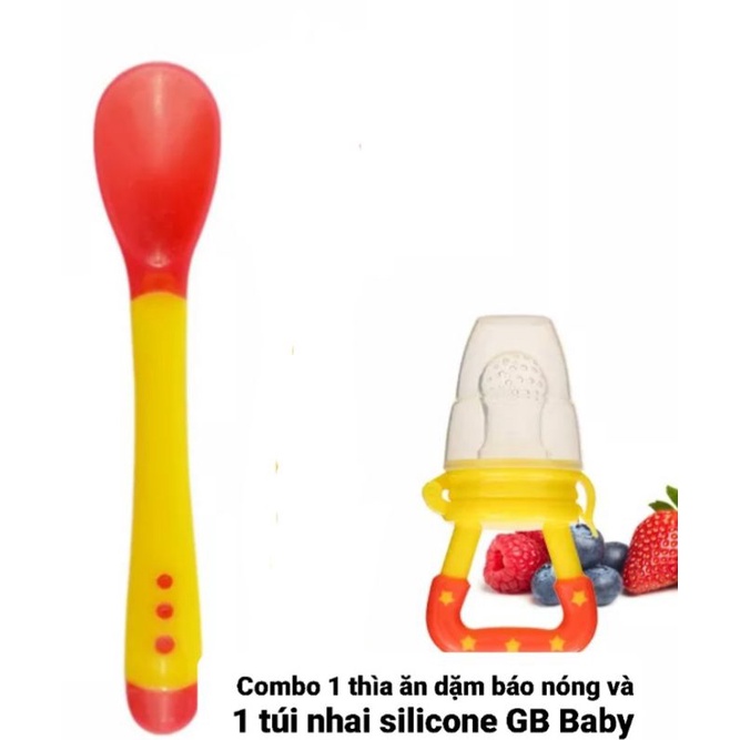Combo 1 thìa ăn dặm báo nóng và 1 Túi nhai silicone chống hóc GB Baby - GBB