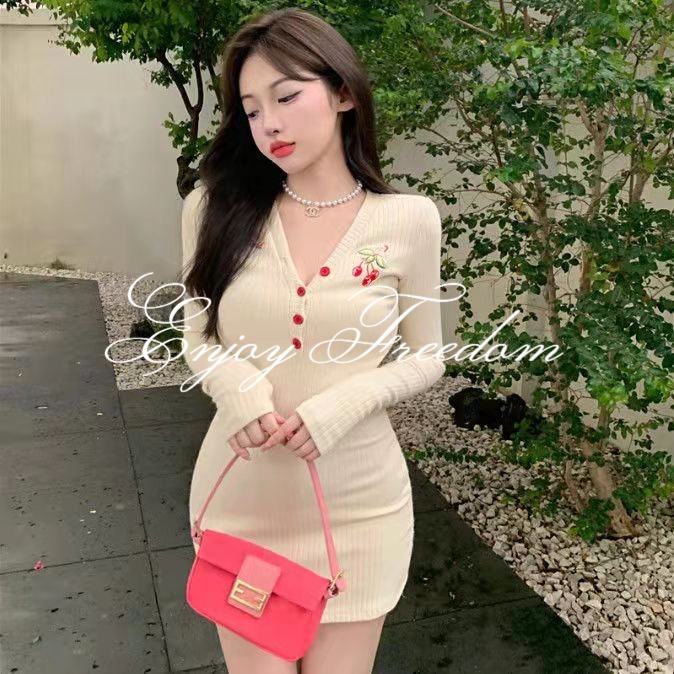 Enjoy Freedom Đầm Ngắn Ôm Eo Cổ Chữ V Thêu Hình Quả Cherry Phong Cách Vintage Dành Cho Nữ