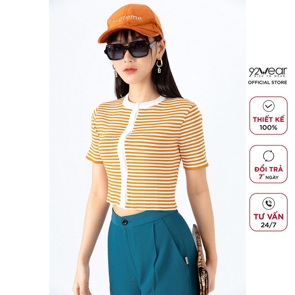 Áo len nữ ngắn tay cổ tròn 92WEAR,  phong cách Hàn Quốc trẻ trung, họa tiết kẻ ngang cá tính  ALA0074 | BigBuy360 - bigbuy360.vn