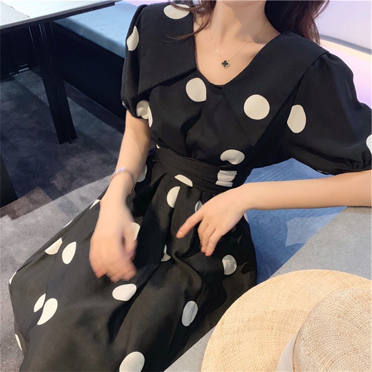 Váy Tiểu Thư Chấm Bi Dáng Dài Nơ Buộc Eo Xinh Xắn | BigBuy360 - bigbuy360.vn