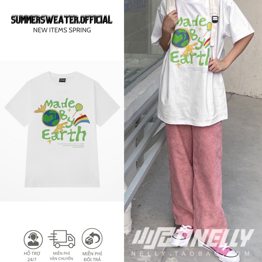 Áo thun nam nữ unisex tay lỡ SM09, áo phông tay lỡ unisex form rộng In Hình Make By Earth