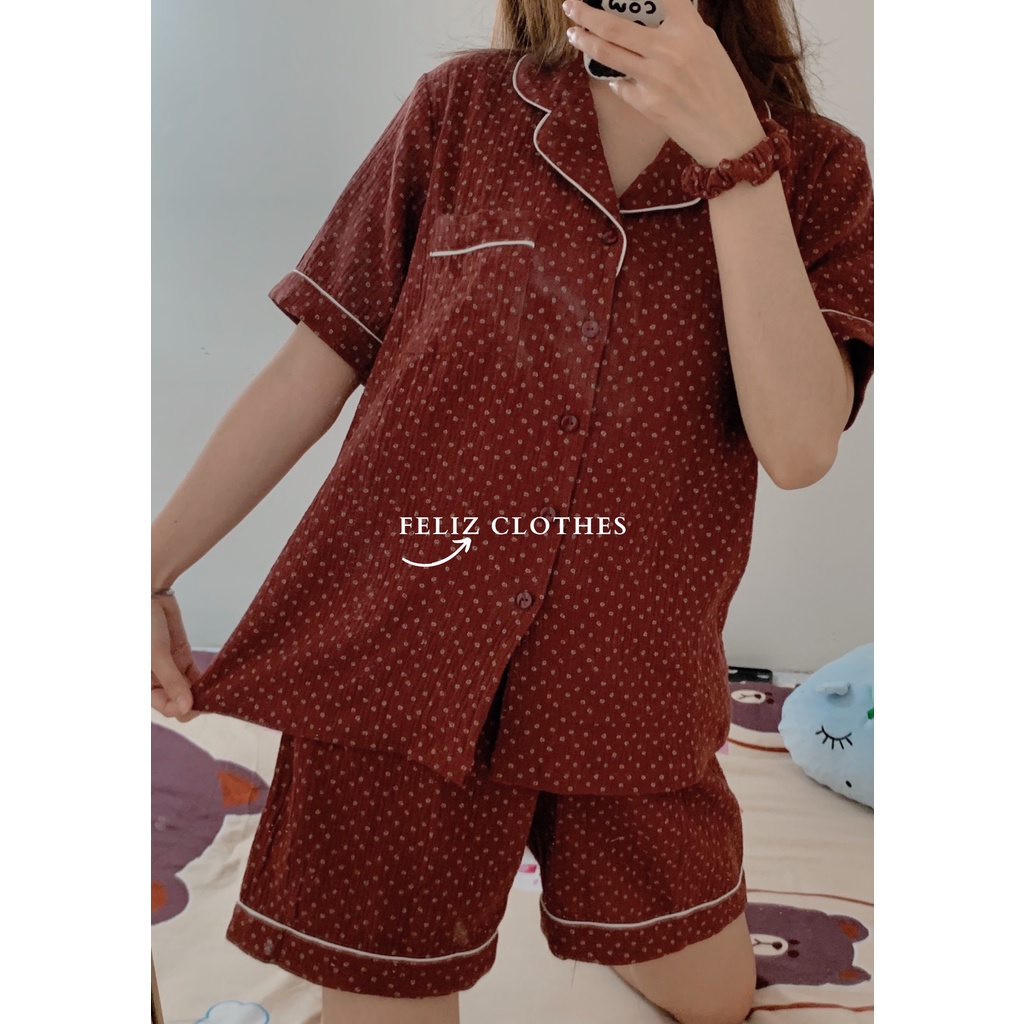 Pyjama xô muslin hoa nhí màu đỏ mận cực đáng yêu