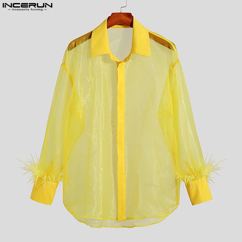 Áo sơ mi INCERUN tay dài xuyên thấu cổ tay phối lông vũ thời trang cho nam