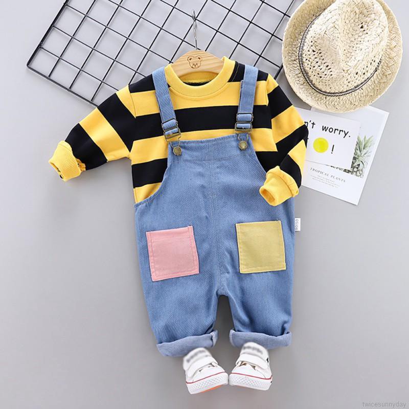 Set áo thun sọc ngang + quần yếm denim cho bé