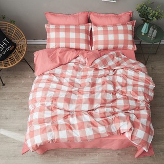 Bộ chăn ga gối cotton poly kẻ caro cam hồng (shop còn nhiều mẫu chưa đăng hết ibox shop tư vấn)