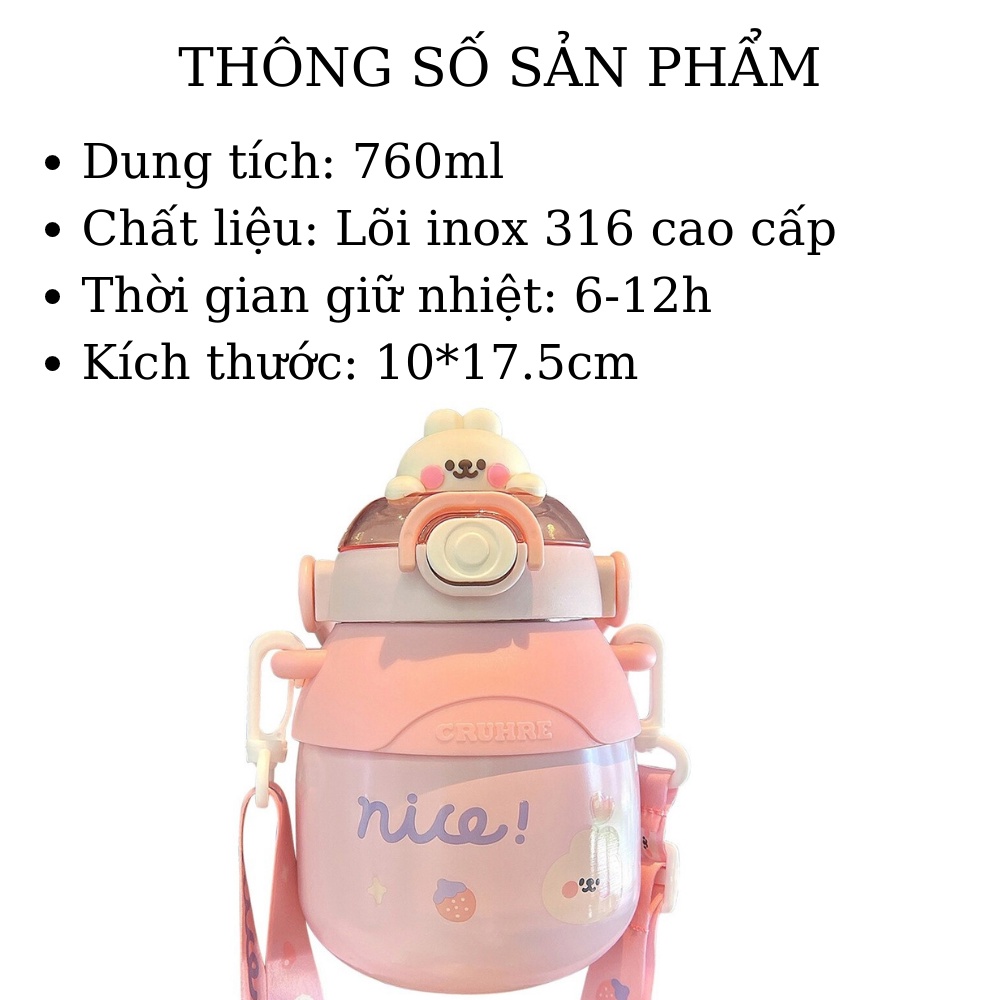 Bình giữ nhiệt cute lõi inox 316 cao cấp 760ml TiLoKi TBM03 có dây đeo - ly giữ nhiệt hình thú dễ thương