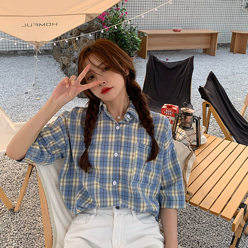 SUXI Áo sơ mi tay ngắn họa tiết caro phong cách Hàn Quốc cá tính cho nữ