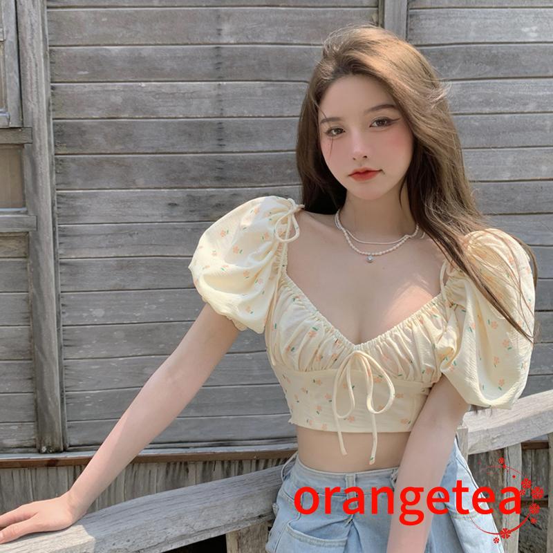 Áo Thun Crop Top Tay Ngắn Phồng Cổ Chữ V In Họa Tiết Hoa Ngọt Ngào Cho Nữ