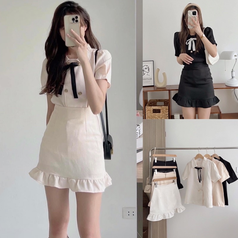Set dạ áo cúc ngọc cổ nơ phối chân váy đuôi cá tiểu thư Hàn Quốc 3 màu xinh