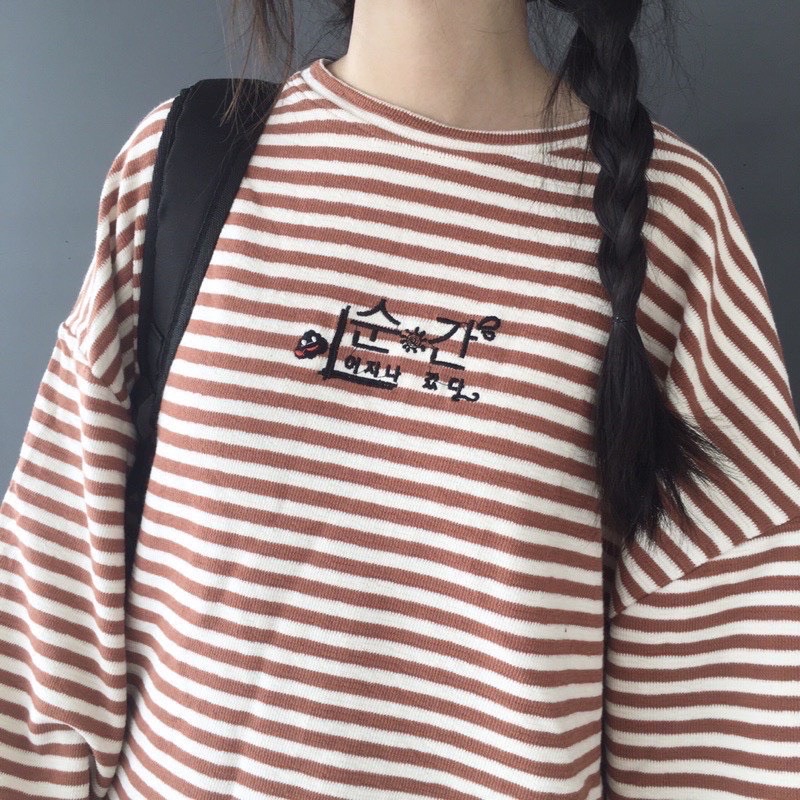 [GIÁ HUỶ DIỆT] Áo kẻ thụng chữ hàn from unisex hai màu cổ tròn (hàng sẵn)