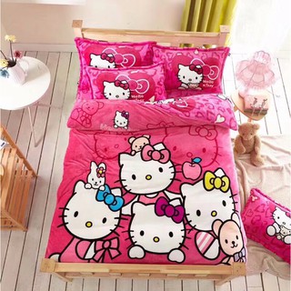 Bộ Chăn Ga Gối Nỉ Nhung 3D Cao Cấp - Kitty Gia Đình