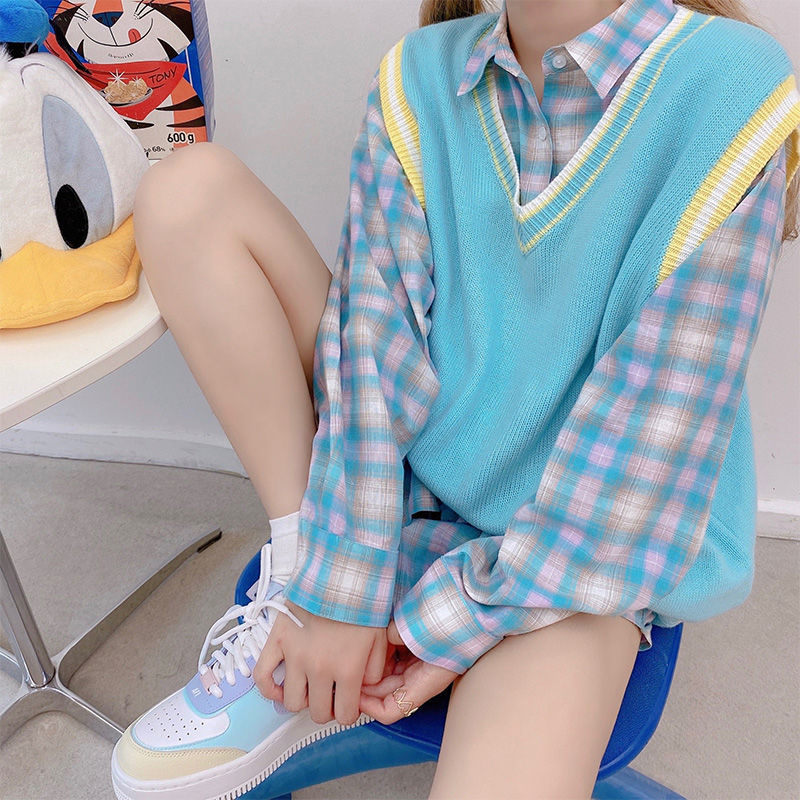 Set Áo Sơ Mi Dài Tay + Áo Khoác Len Không Tay Thời Trang Dành Cho Nữ