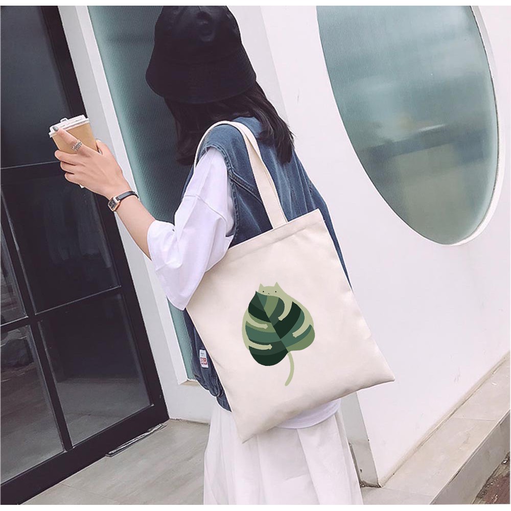 Túi Tote Vải Mộc GINKO Dây Kéo In Hình Cat With Leaf M08