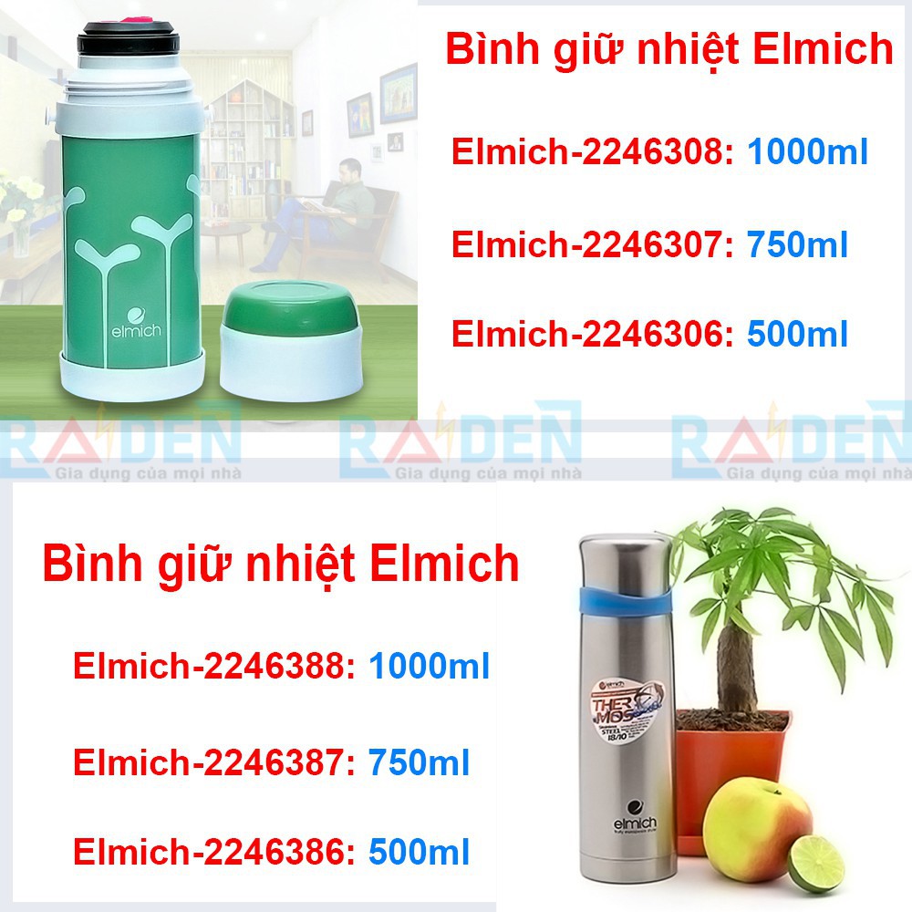 Bình giữ nhiệt  Elmich inox 304 thiết kế 3 lớp dung tích 500ml, 750ml, 800ml, 1000ml, 1200ml sản xuất tại cộng hòa séc